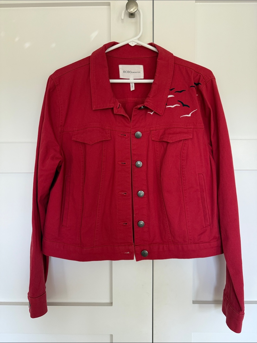 BCBGeneration Red Denim Jacket with Bird Motif